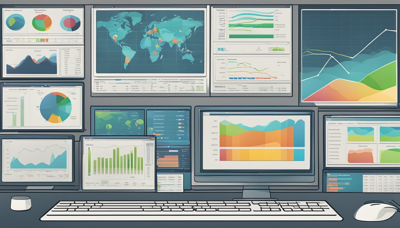 A computer screen displaying a network monitoring tool with various graphs and data charts showing bandwidth usage and internet connectivity status