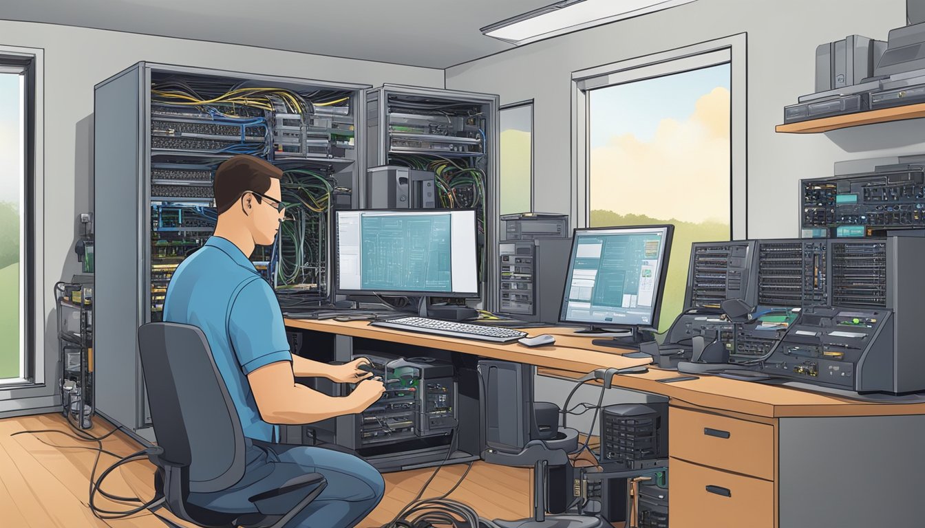 A technician adjusting network equipment and performing routine maintenance in a home office setting