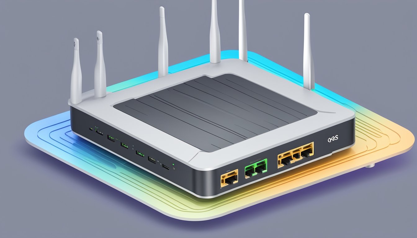 A router with multiple antennas and a variety of ports, displaying advanced features like QoS and VPN settings