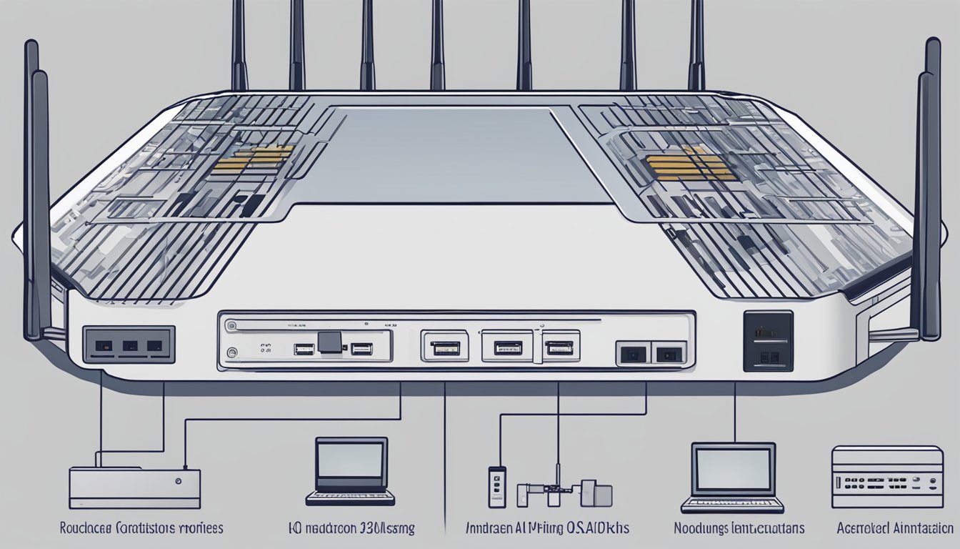 A router with multiple antennas and various ports, displaying an interface with options for QoS settings and advanced network optimization features