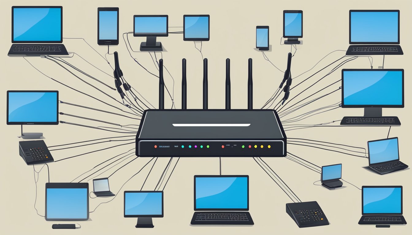 A router with multiple antennas and ports, displaying advanced settings and configuration options on a computer screen