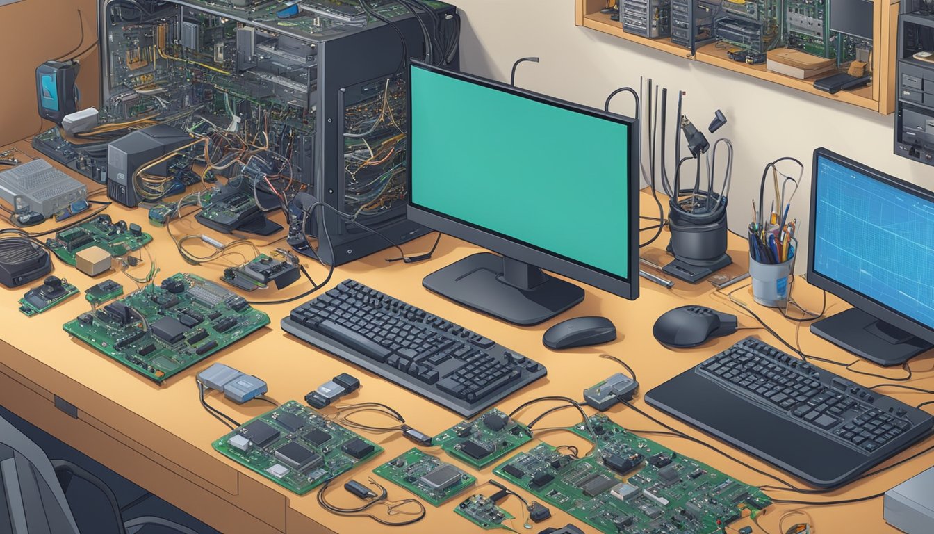 A cluttered workbench with circuit boards, wires, and tools, surrounded by computer monitors and networking equipment