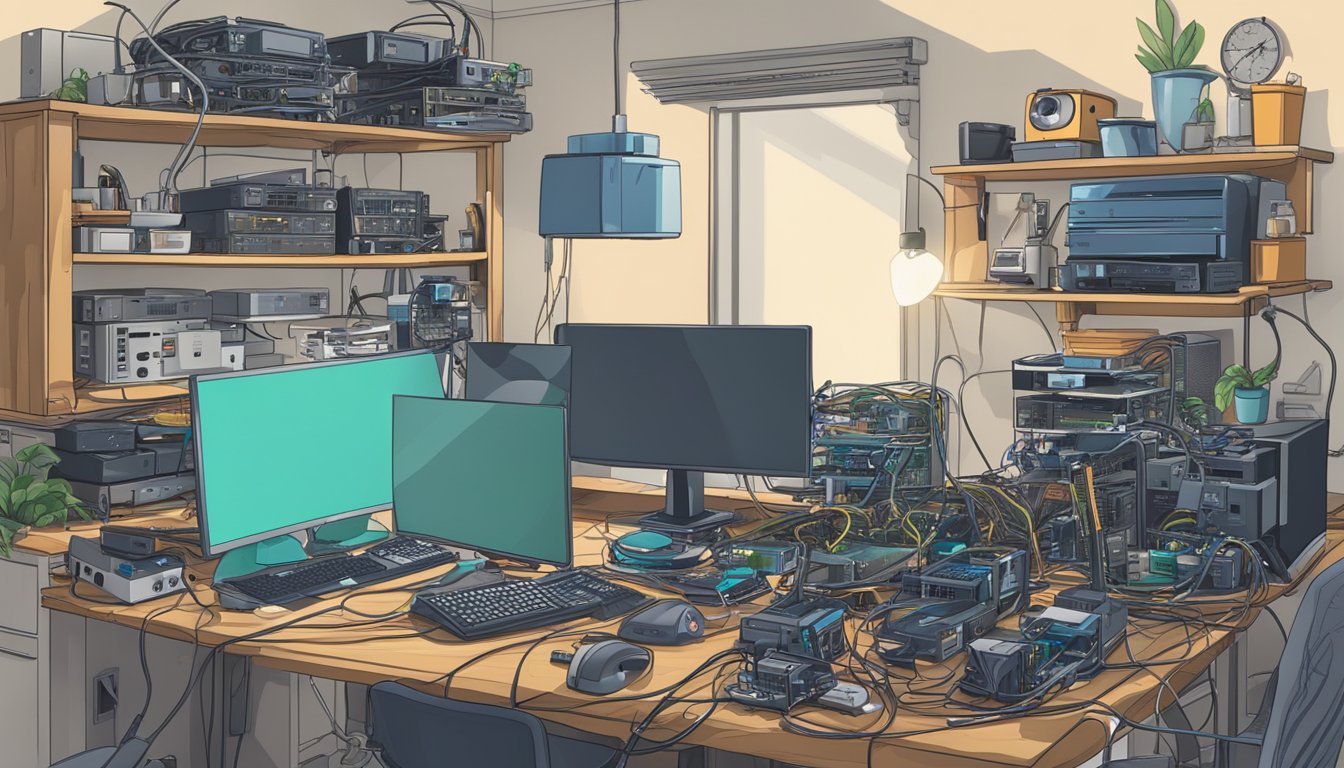 A cluttered desk with computer parts, cables, and routers. A person assembling and testing a home network setup