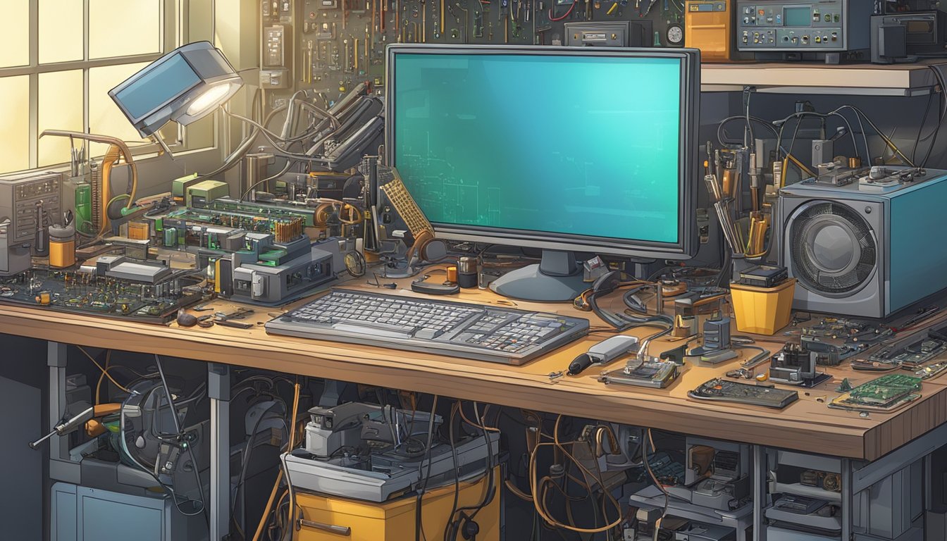 A cluttered workbench with soldering iron, circuit boards, and various electronic components. A computer and networking equipment are scattered around the room