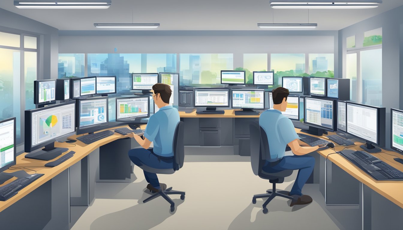 A technician testing internet speed with various devices and monitoring network equipment for ISP reliability and service quality