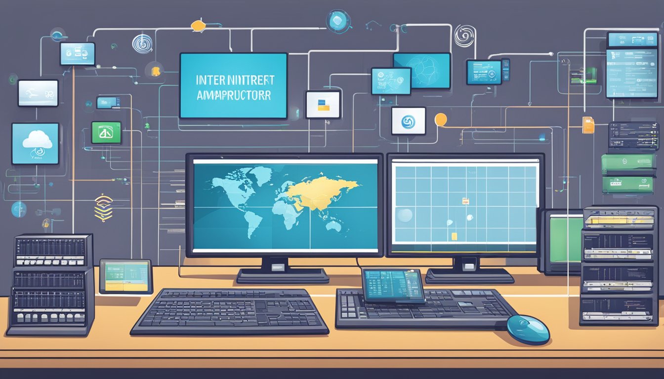 A computer screen displaying various internet service provider logos with price comparison charts and network infrastructure diagrams in the background