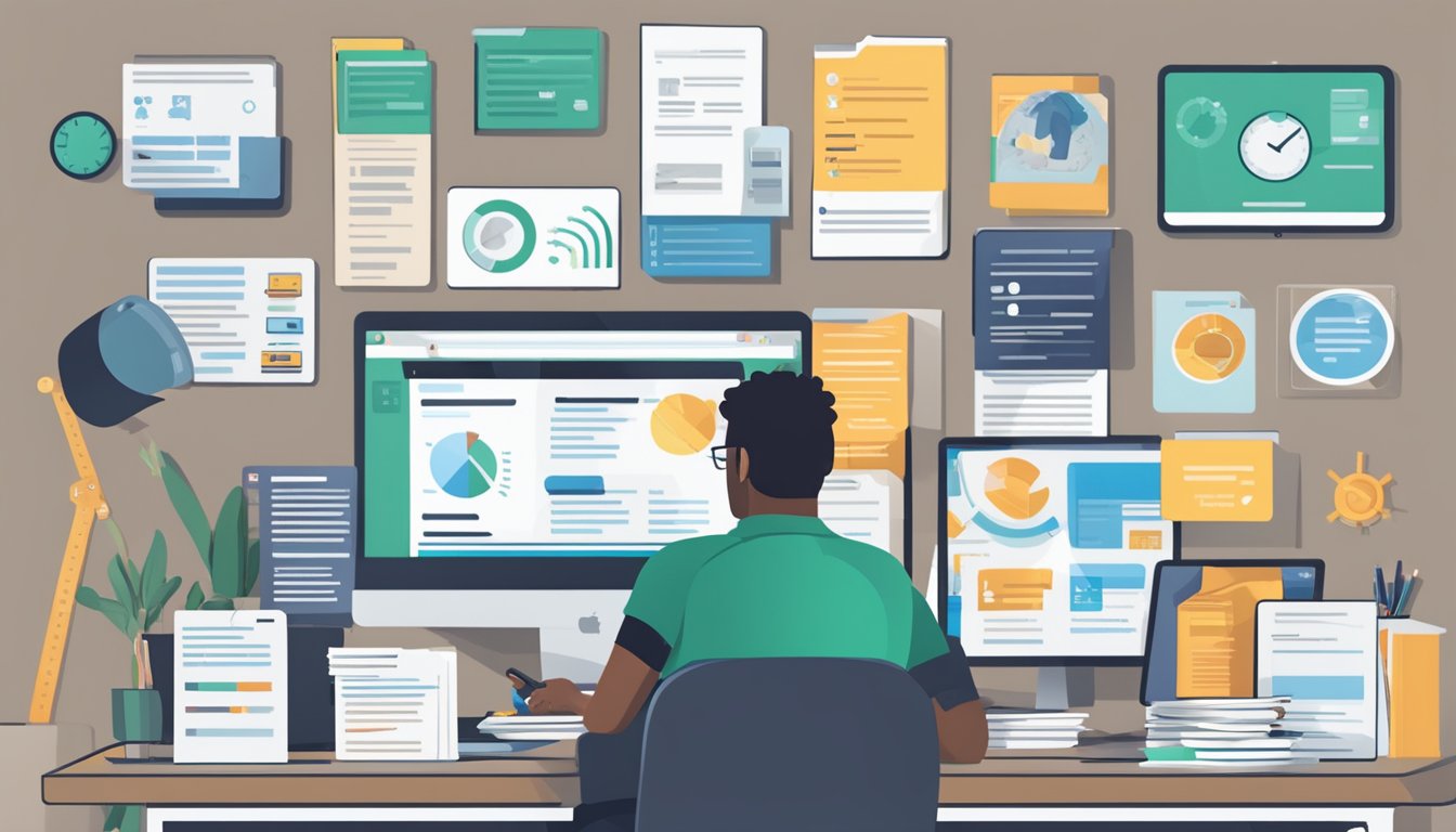 A person sits at a desk with a laptop, surrounded by various internet service provider (ISP) brochures and documents. A checklist of features and considerations is visible on the screen