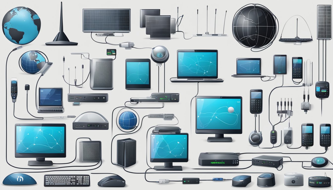 A collection of devices representing different types of internet connections, such as cables, satellites, and wireless signals, displayed in a clear and organized manner