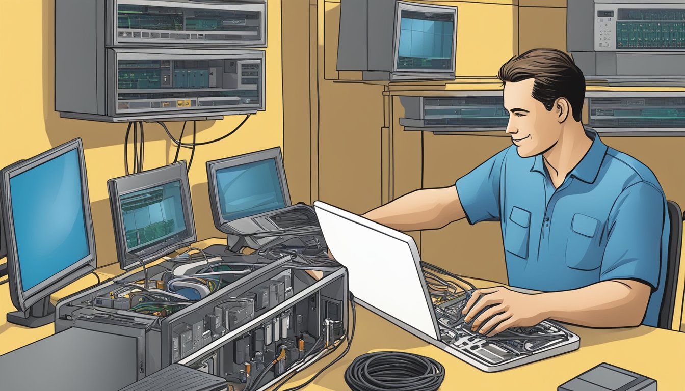 A technician connecting cables to a modem, router, and satellite dish for different types of internet connections