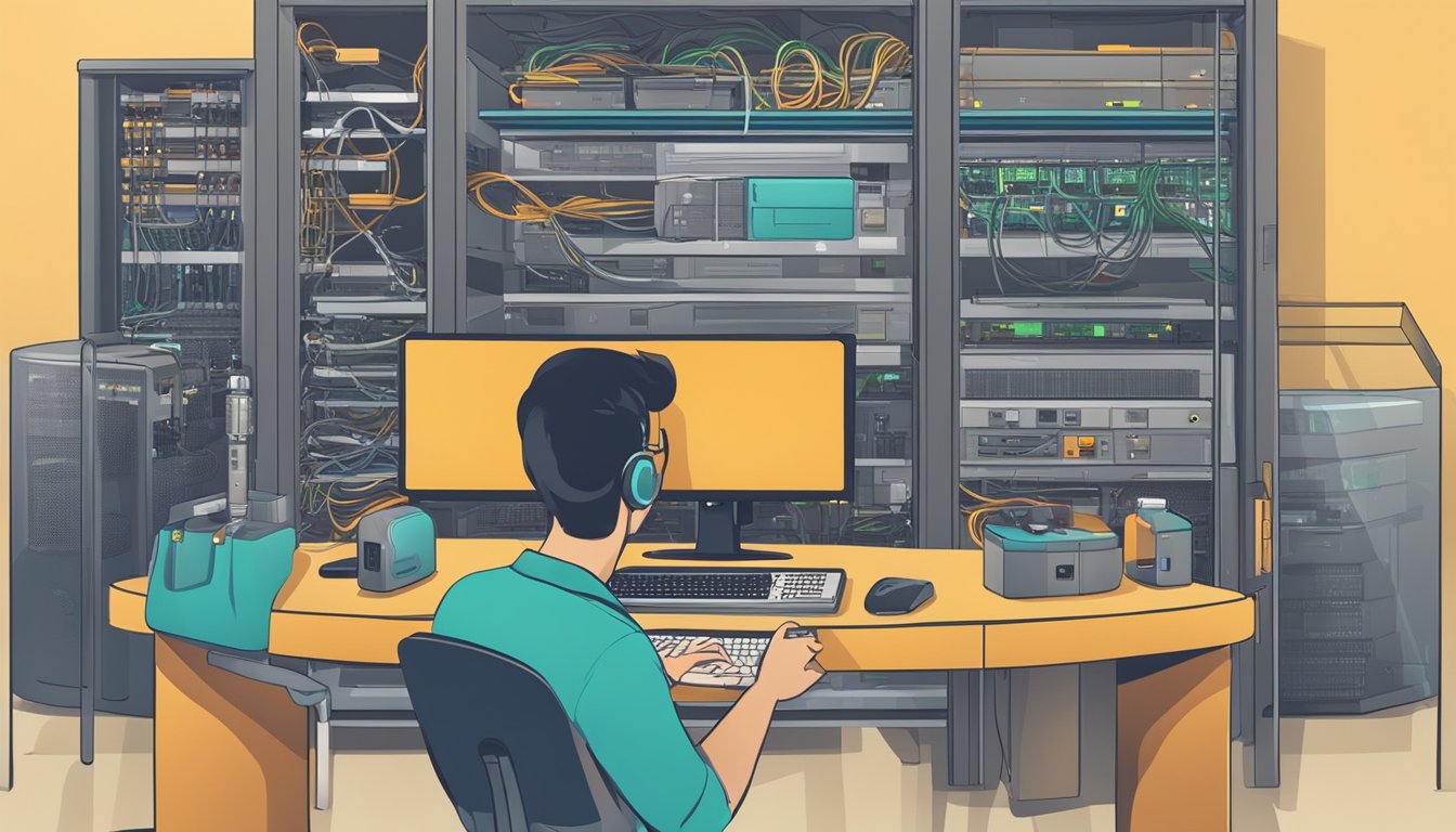 A router with various ports and cables, surrounded by network security and management equipment, with a person choosing the right router