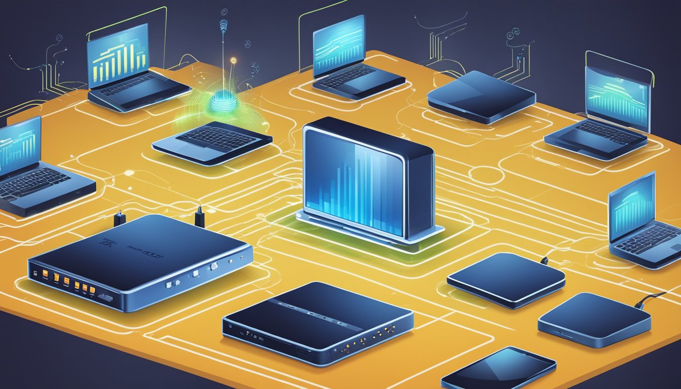 A router connected to various devices with signal waves emanating from it