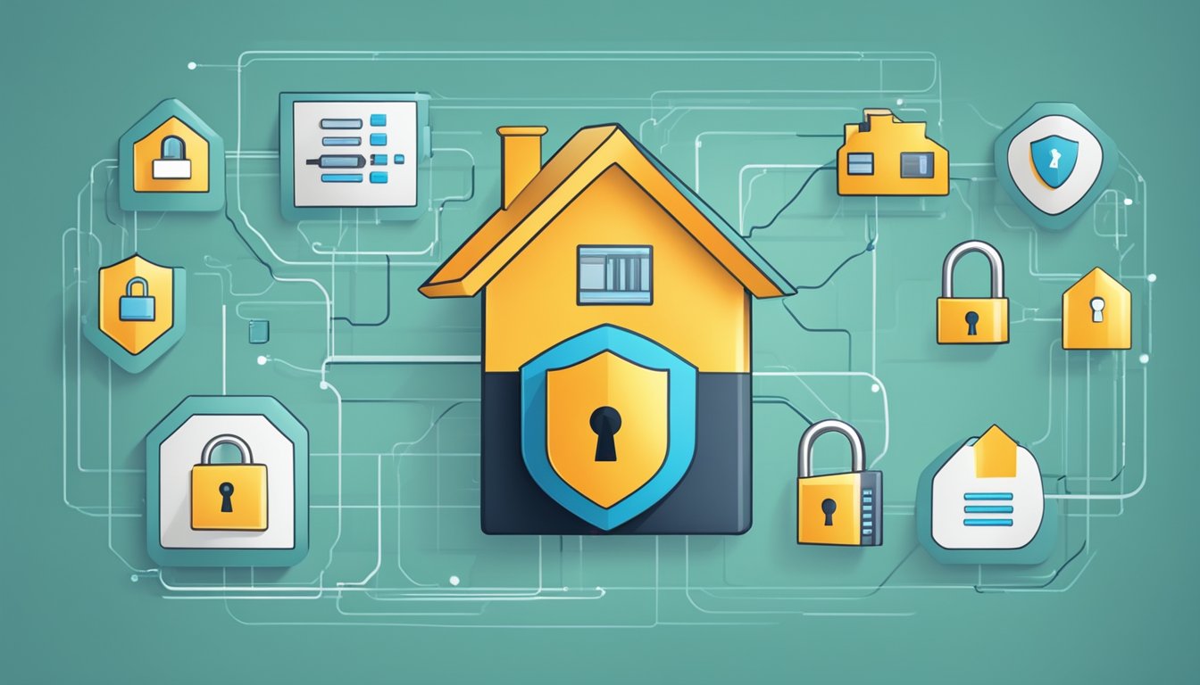 A home network with a locked padlock symbolizing secure password management and Wi-Fi encryption, surrounded by a shield to protect against intruders