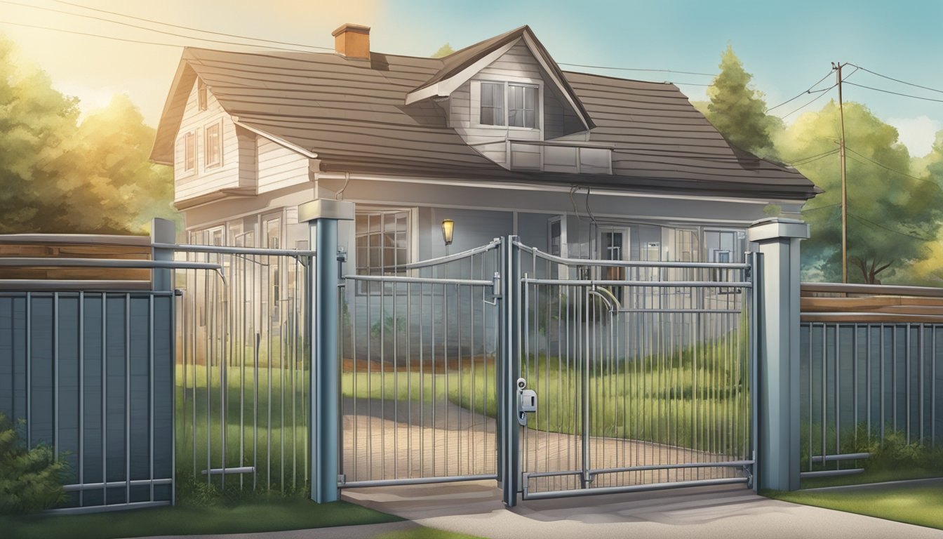 A house with a strong, impenetrable barrier surrounding it, including a high fence, security cameras, and a locked gate