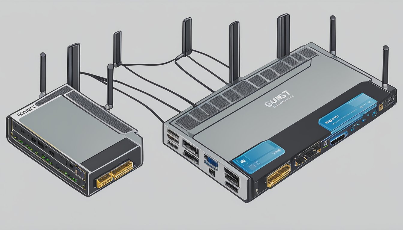 A router with two separate networks, one labeled "Guest" and the other "Main," with multiple devices connected to each network