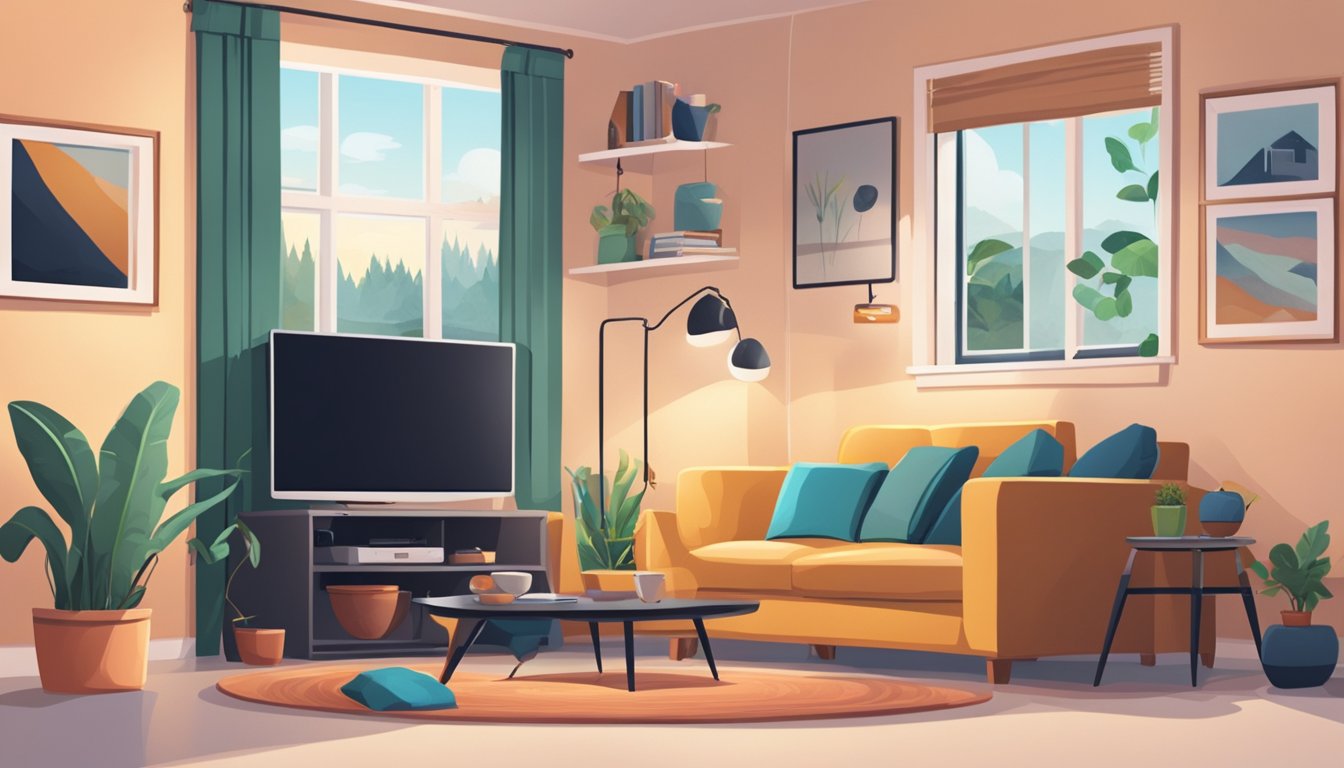 A cozy living room with a smart TV, gaming console, and smart home devices all connected to a strong Wi-Fi signal