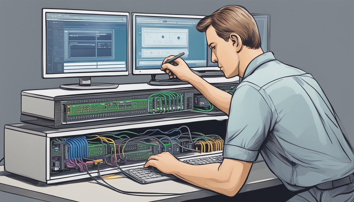 A technician adjusting router settings while checking network connections and devices for common home network issues