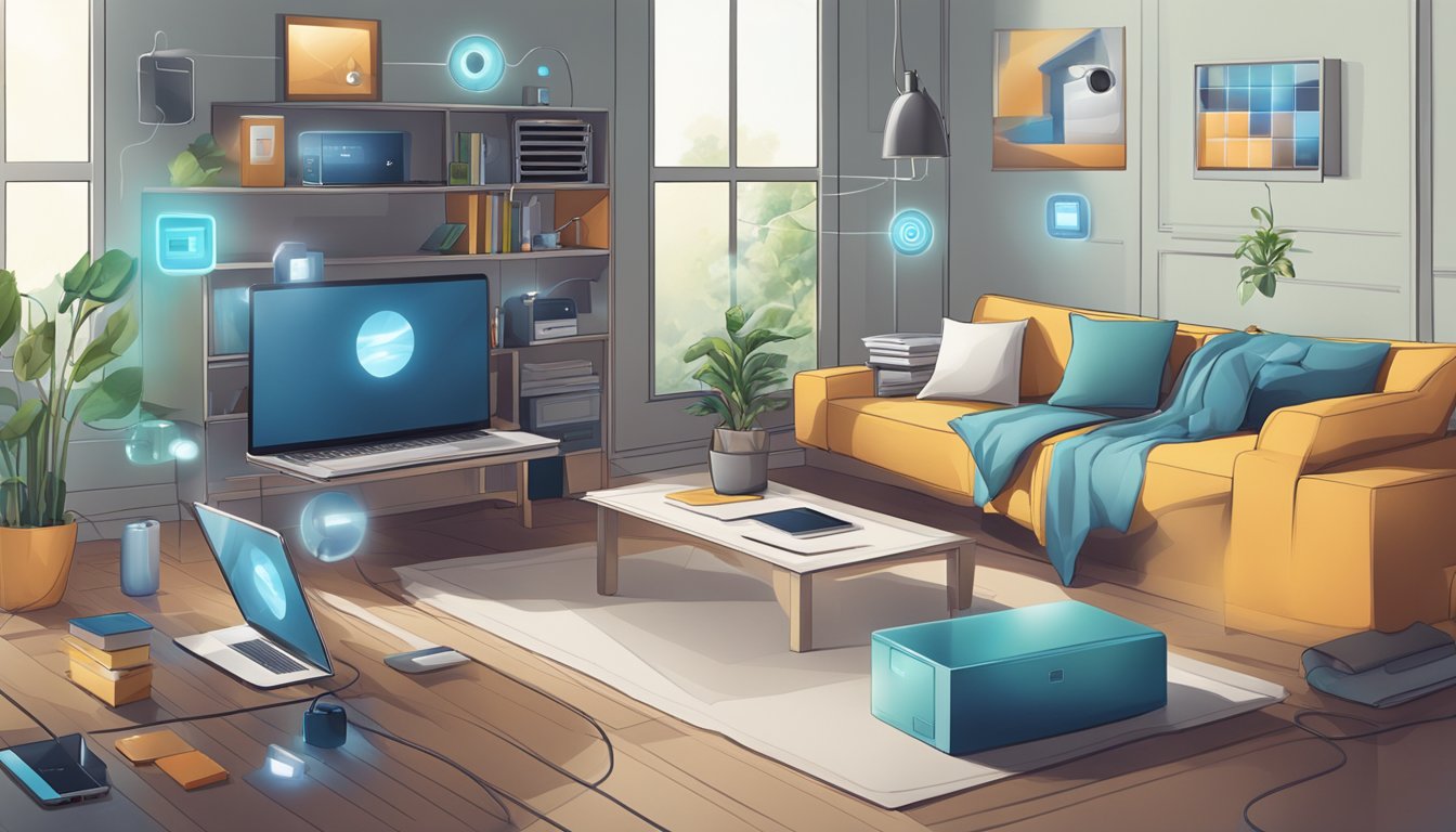 A home with various connected devices, such as laptops, smartphones, and smart home gadgets, all experiencing different network issues