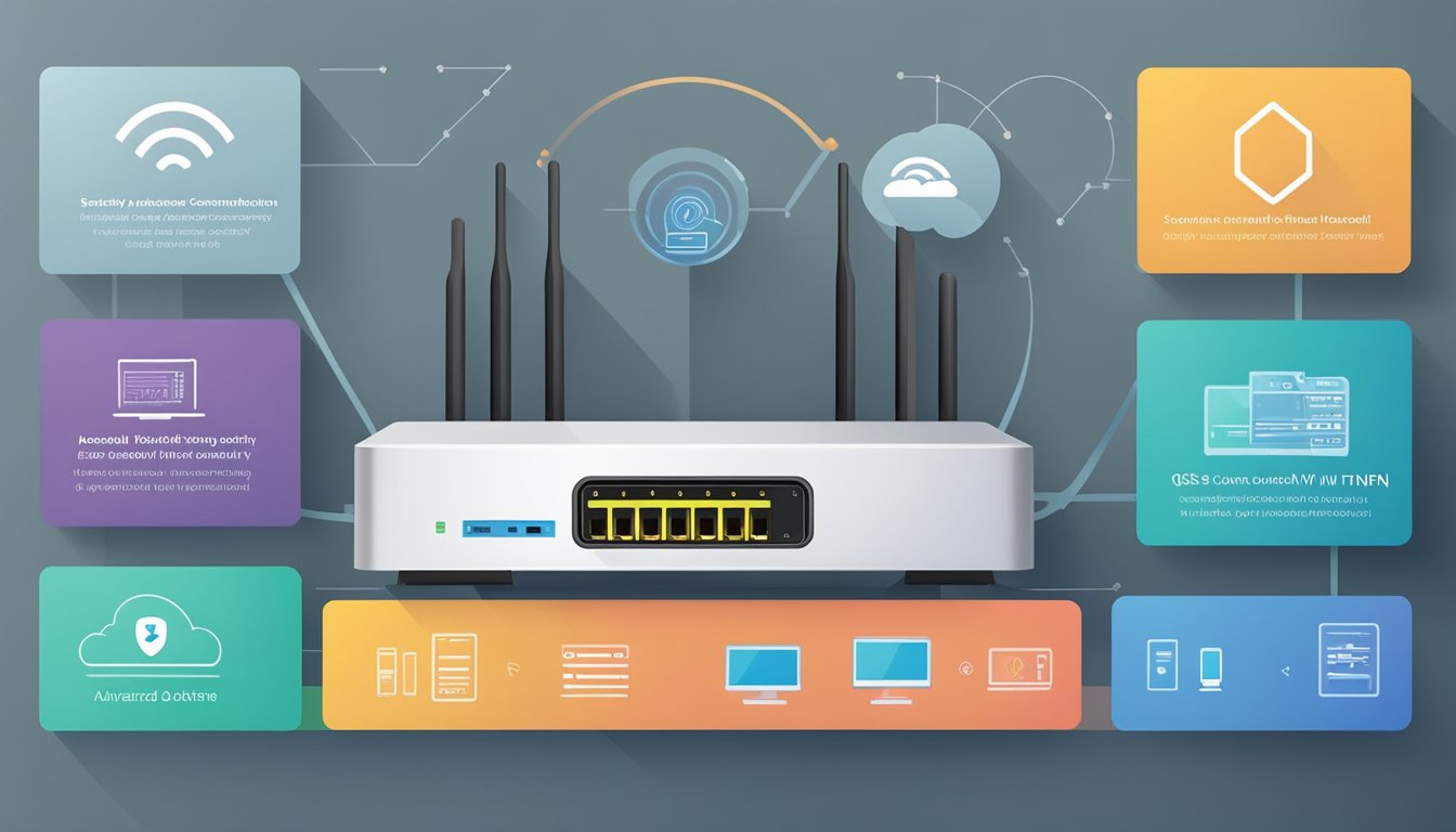 A router with enhanced security features and VPN support, displaying advanced settings such as Quality of Service (QoS) and firewall configuration