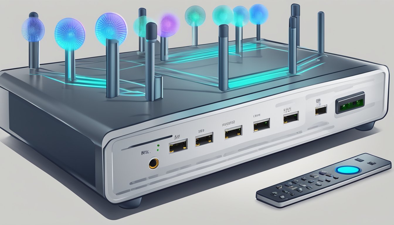 A router with multiple antennas and a control panel displaying advanced settings