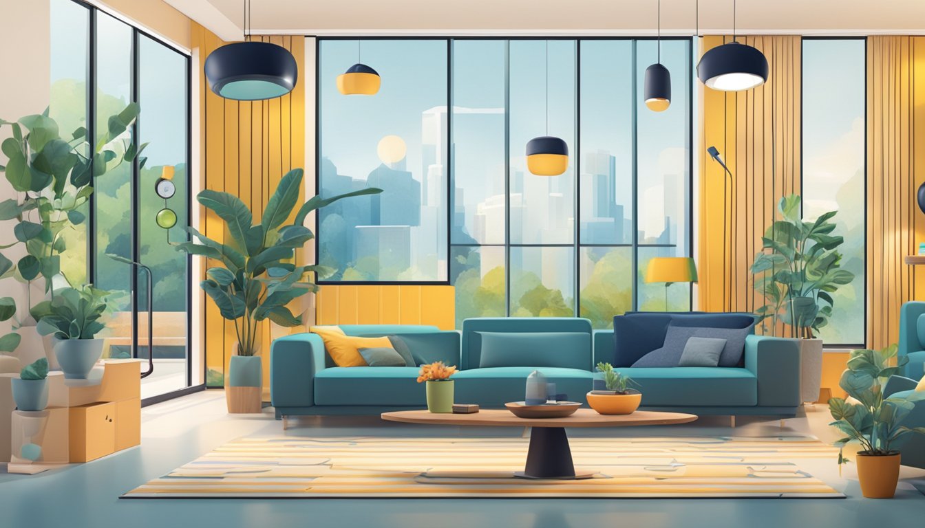 A modern living room with smart devices seamlessly connected and controlled through automation