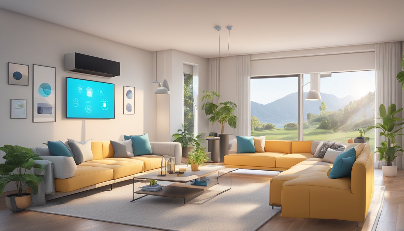 A modern living room with smart home devices seamlessly integrated, showing energy efficiency and savings