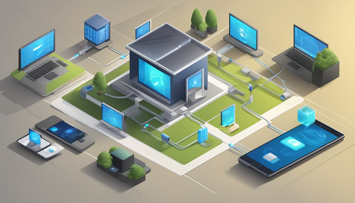 A modern home with various electronic devices connected to a router, displaying the transition from IPv4 to IPv6