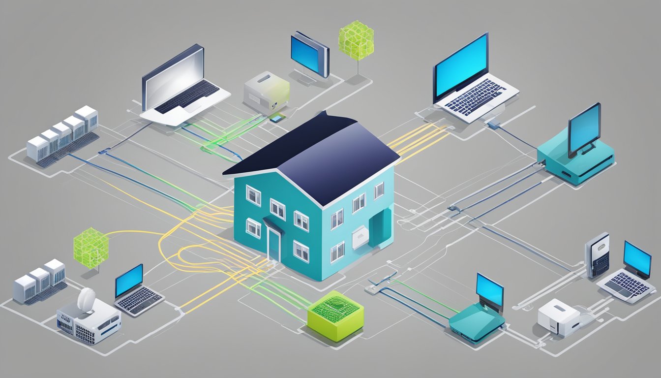 A home network with multiple devices connected to a central router, displaying various data packets traveling back and forth