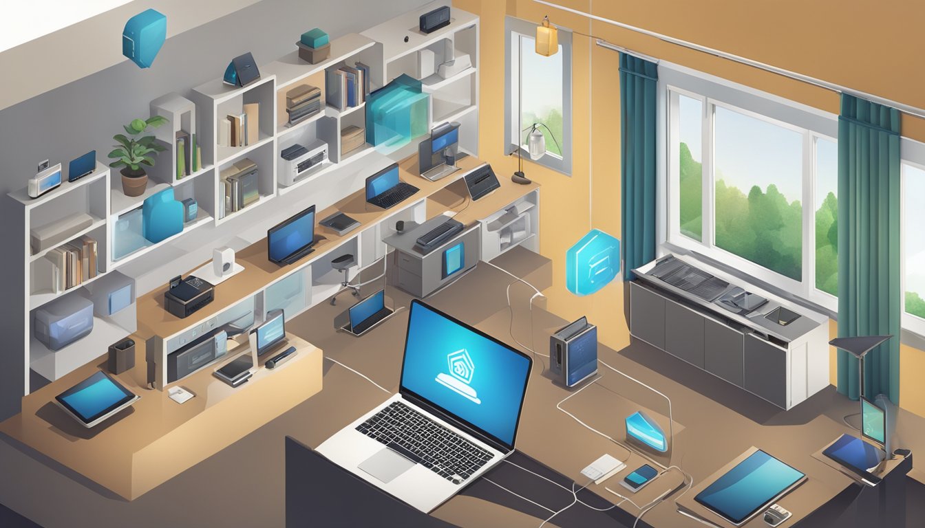 A home with multiple connected devices, such as computers, smartphones, and smart home gadgets, all linked to a central router. Data flows between the devices, with the router at the center