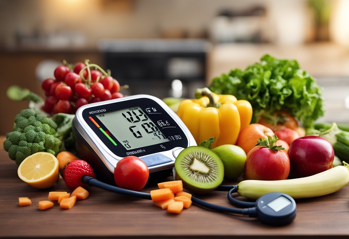 A table set with colorful fruits and vegetables, a blood pressure monitor, and a diabetes testing kit