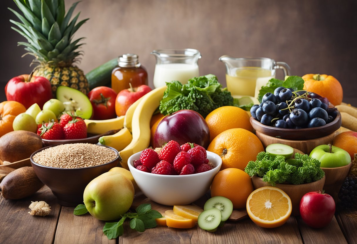 A table filled with colorful fruits, vegetables, and whole grains, surrounded by a tape measure, blood pressure cuff, and glucose meter