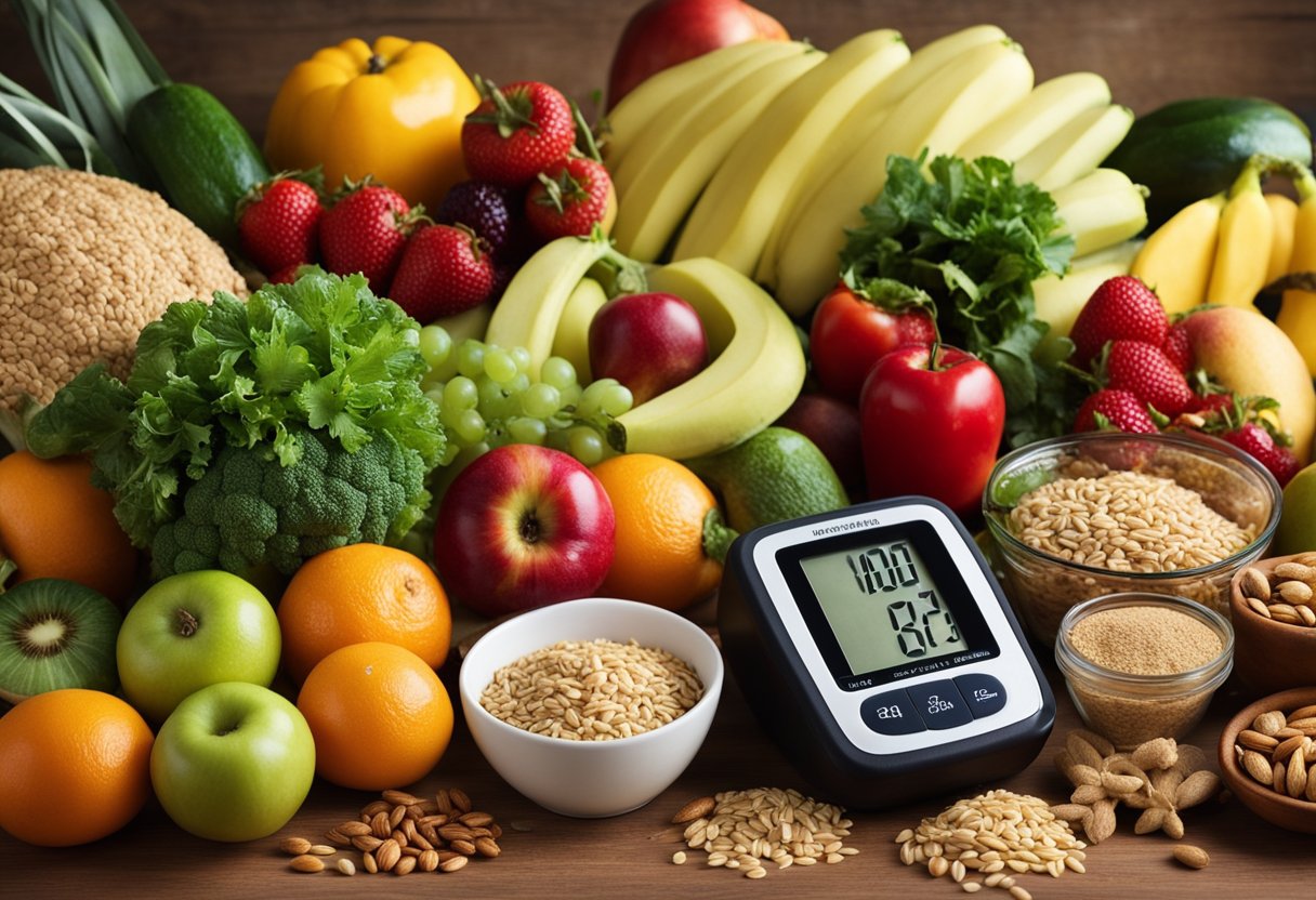 A colorful spread of fresh fruits, vegetables, and whole grains arranged on a table, with a measuring tape and blood pressure monitor nearby