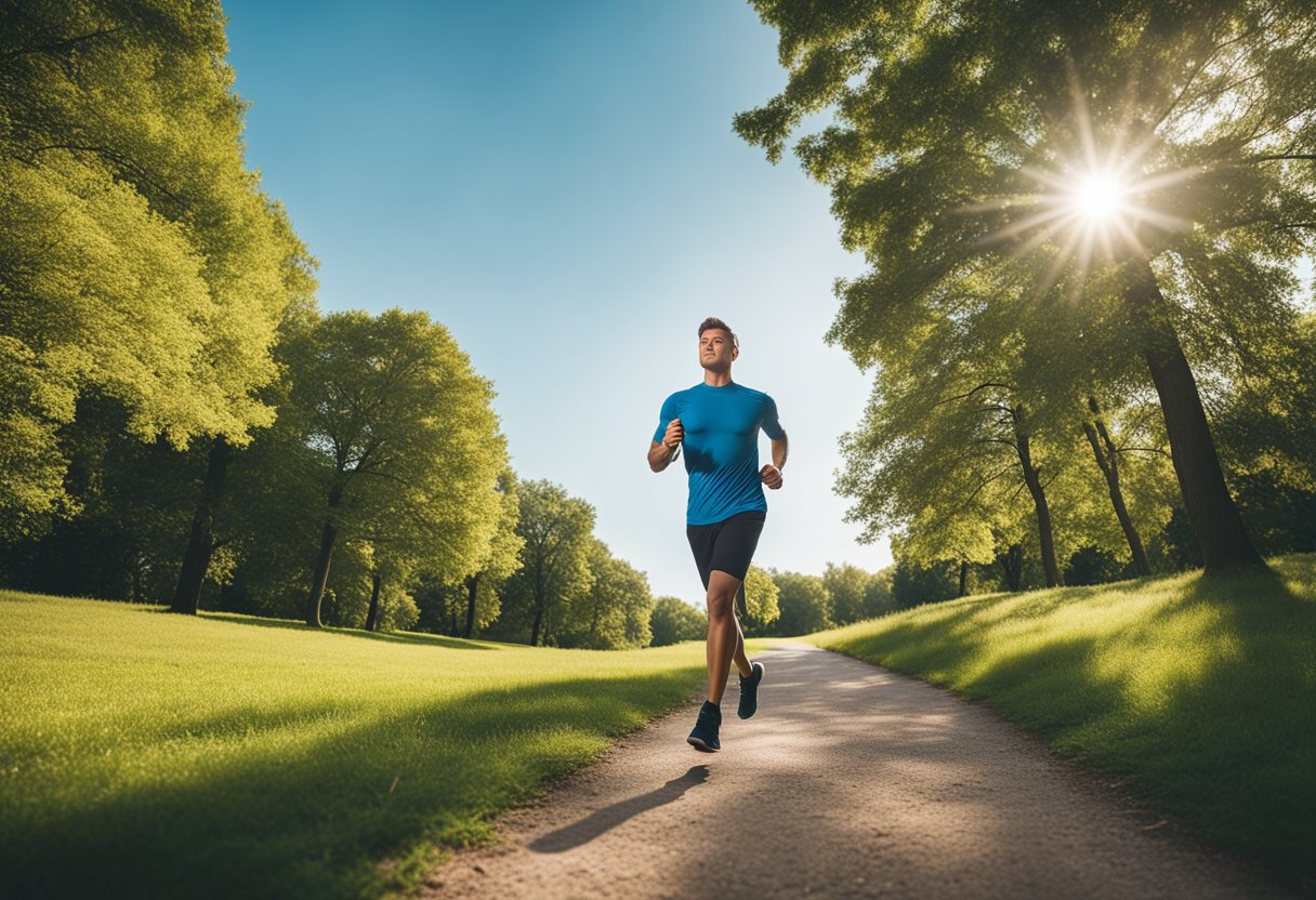 A person exercising outdoors in a peaceful park surrounded by trees and nature, with a clear blue sky and a gentle breeze