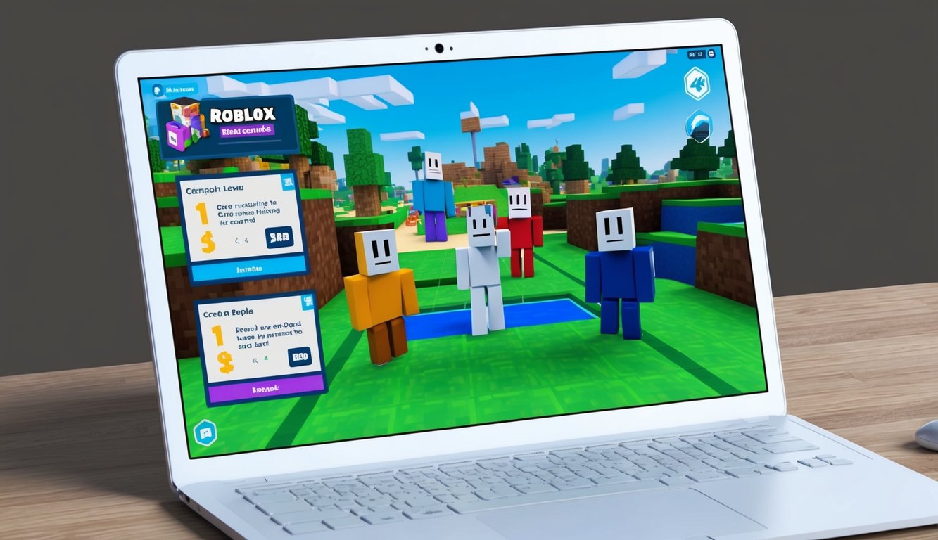 A computer screen displaying Roblox game characters completing tasks to earn free Robux