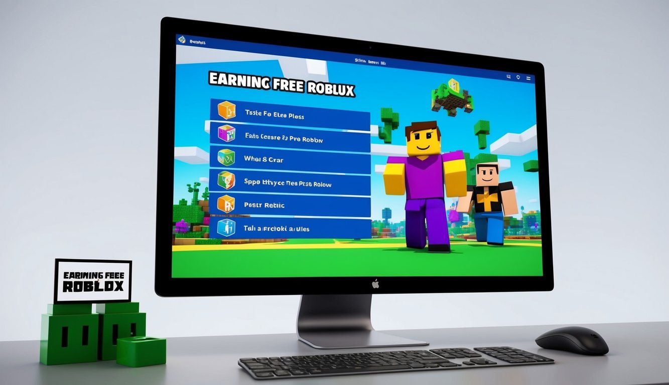 A computer screen displaying various tasks and activities related to earning free Robux