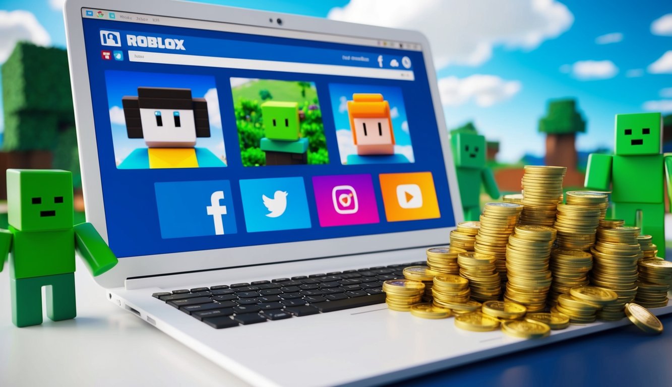 A computer screen showing social media icons and a pile of Robux coins