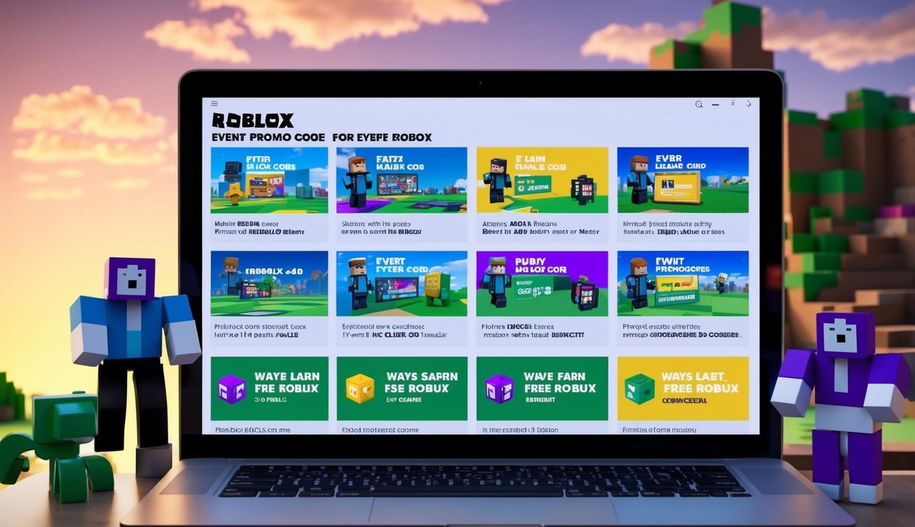 A computer screen displaying various Roblox event promo codes and ways to earn free Robux