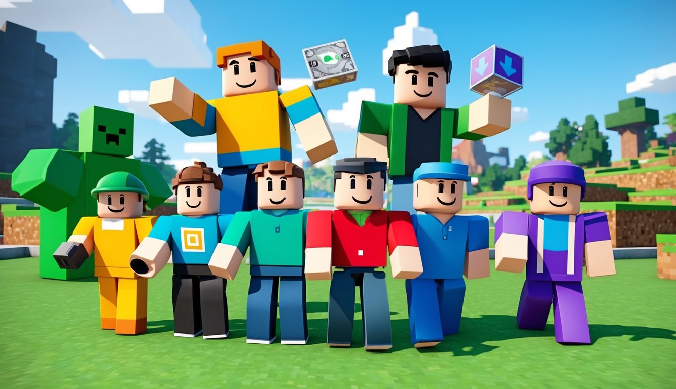 A group of Roblox avatars completing various in-game tasks to earn free Robux currency