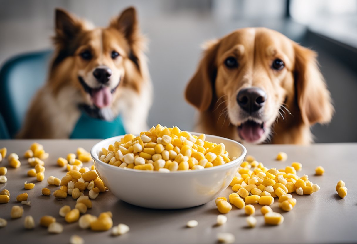 A dog happily eating a bowl of cooked corn kernels with a veterinarian's approval in the background