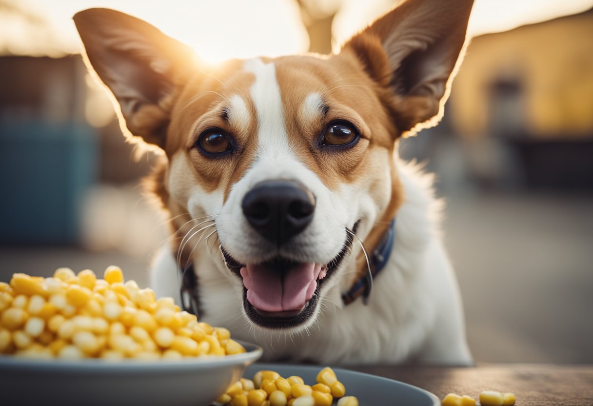 A happy dog eagerly eating a bowl of fresh corn kernels