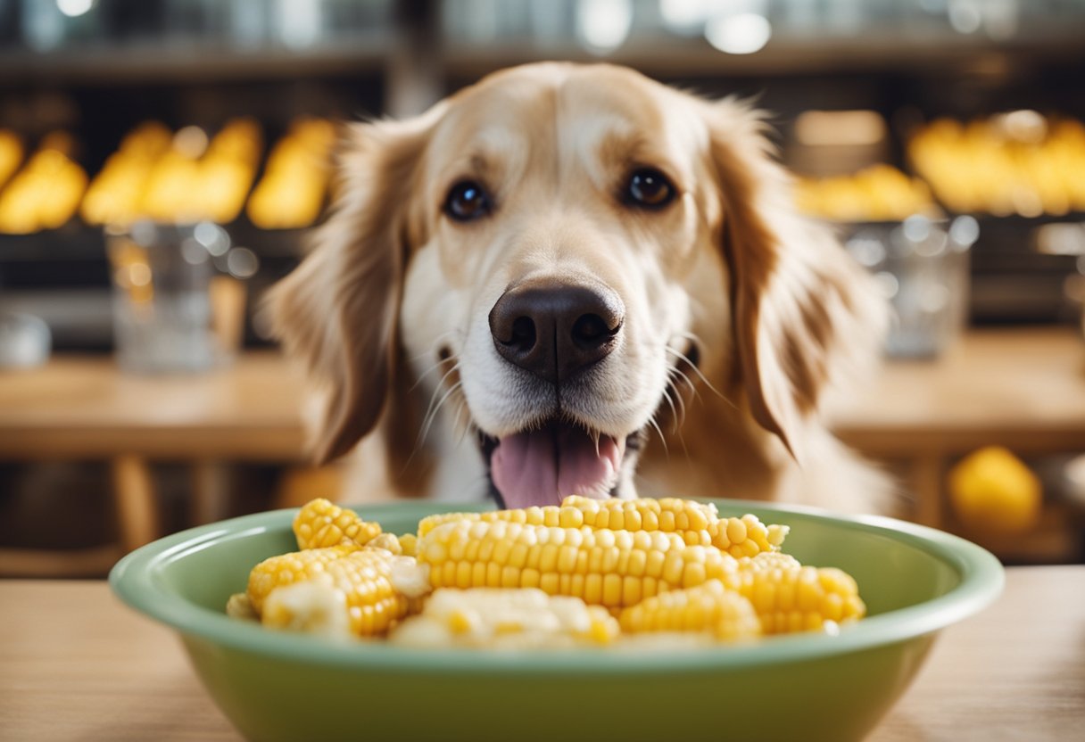 A happy dog eating a bowl of cooked corn