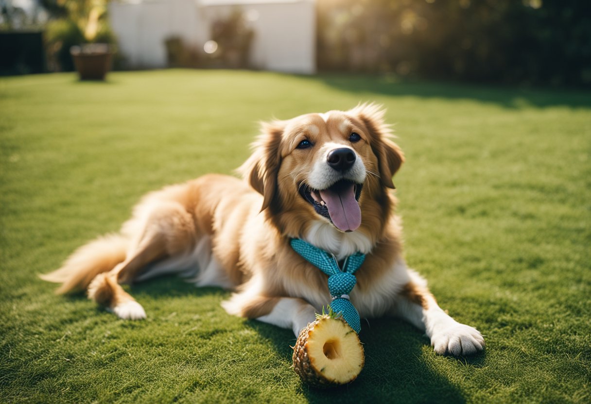 A happy dog eating pineapple slices in a sunny backyard