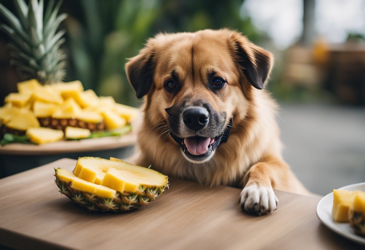 A dog eagerly munches on a slice of fresh pineapple, with a happy expression on its face