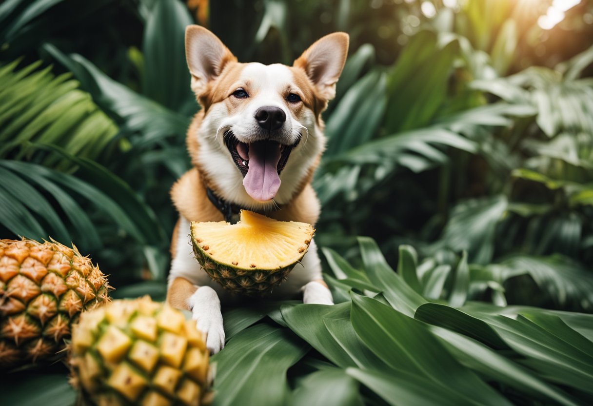 A happy dog with a pineapple slice in its mouth, surrounded by tropical leaves and fruits