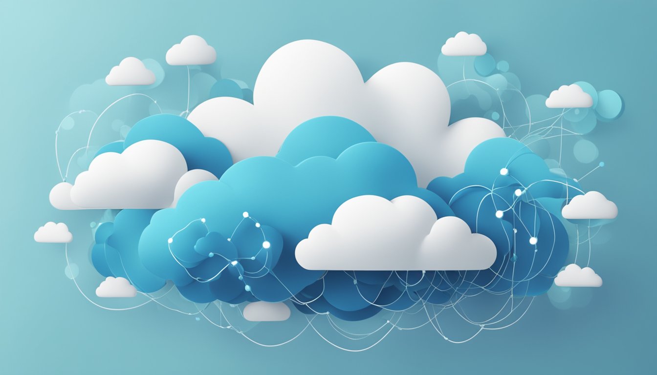 A cluster of interconnected clouds with various sizes and shapes, symbolizing scalability and flexibility in cloud computing