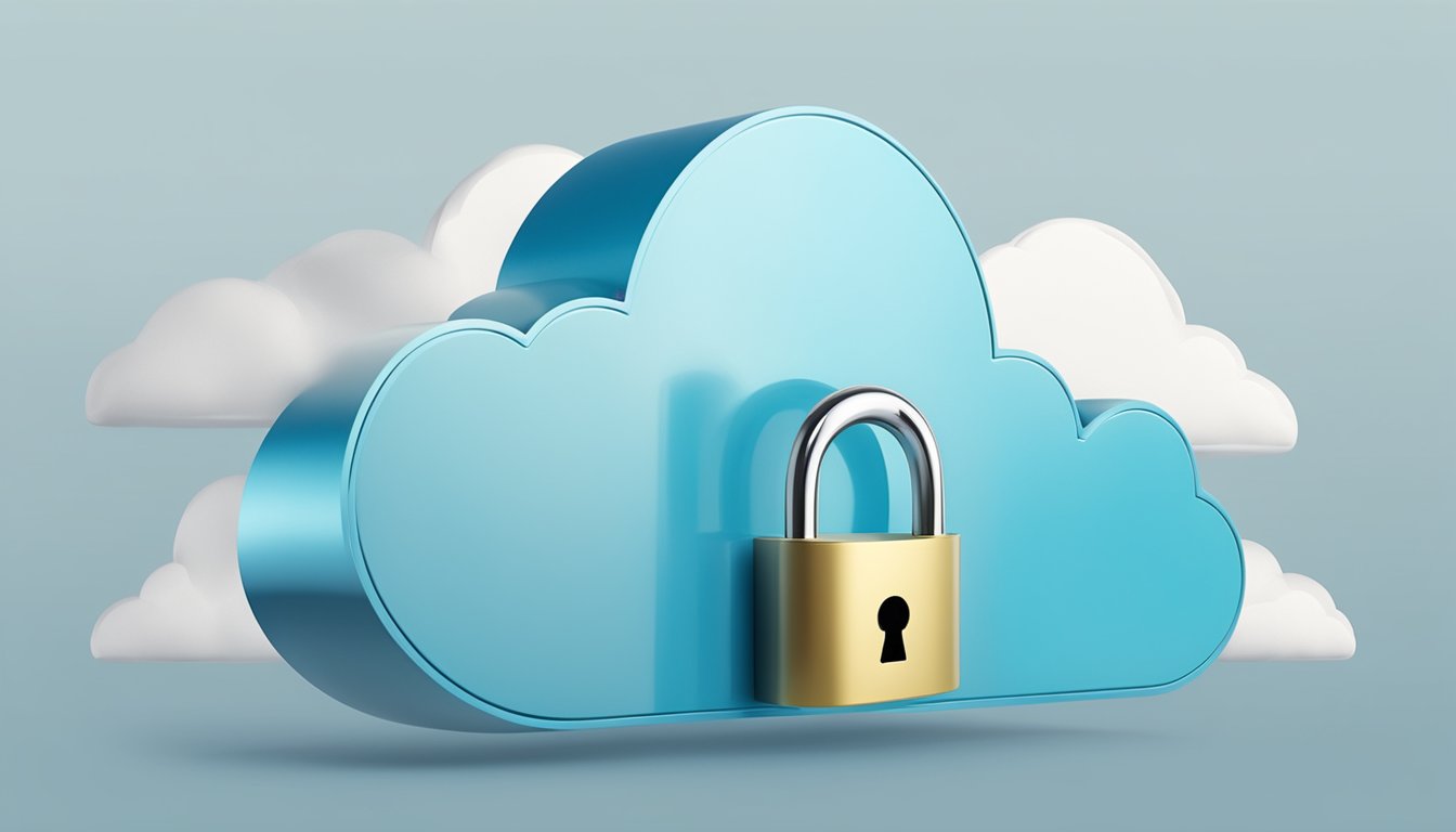 A cloud with a padlock and a shield hovering above, symbolizing security and compliance in cloud computing