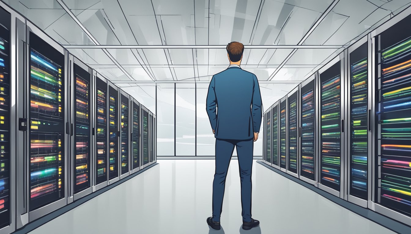 A person comparing cloud storage providers based on performance and reliability, surrounded by servers and data centers