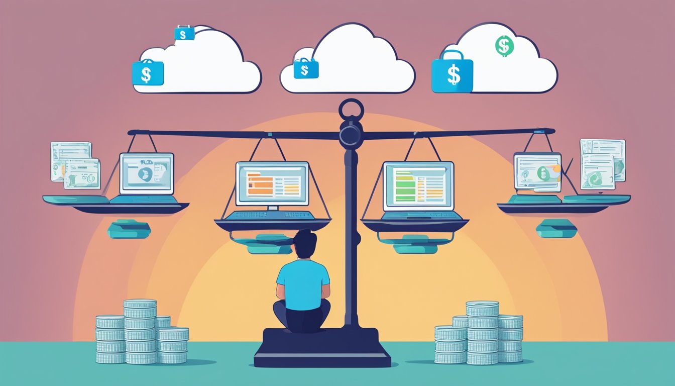 A person weighing various cloud storage providers on a scale with dollar signs on one side and features on the other