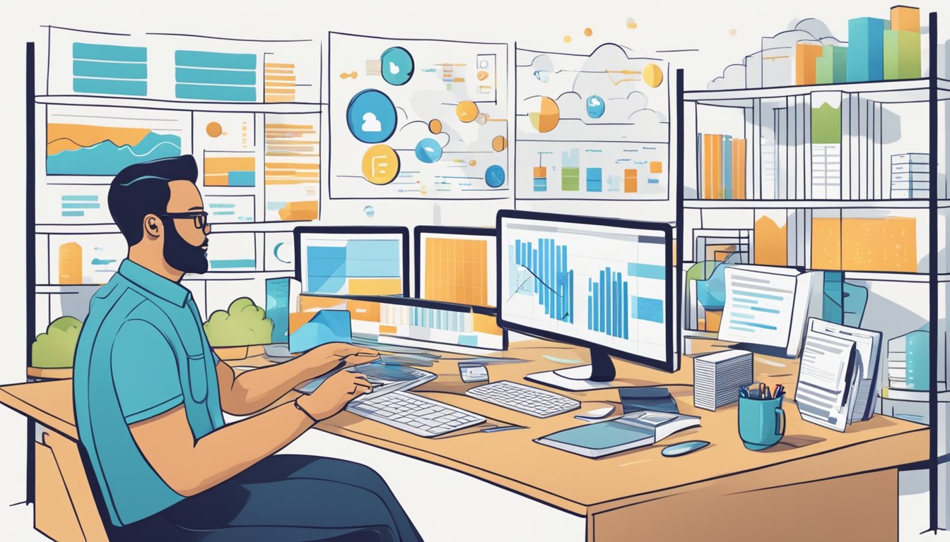 A person comparing features of various cloud storage providers, surrounded by charts, graphs, and a checklist