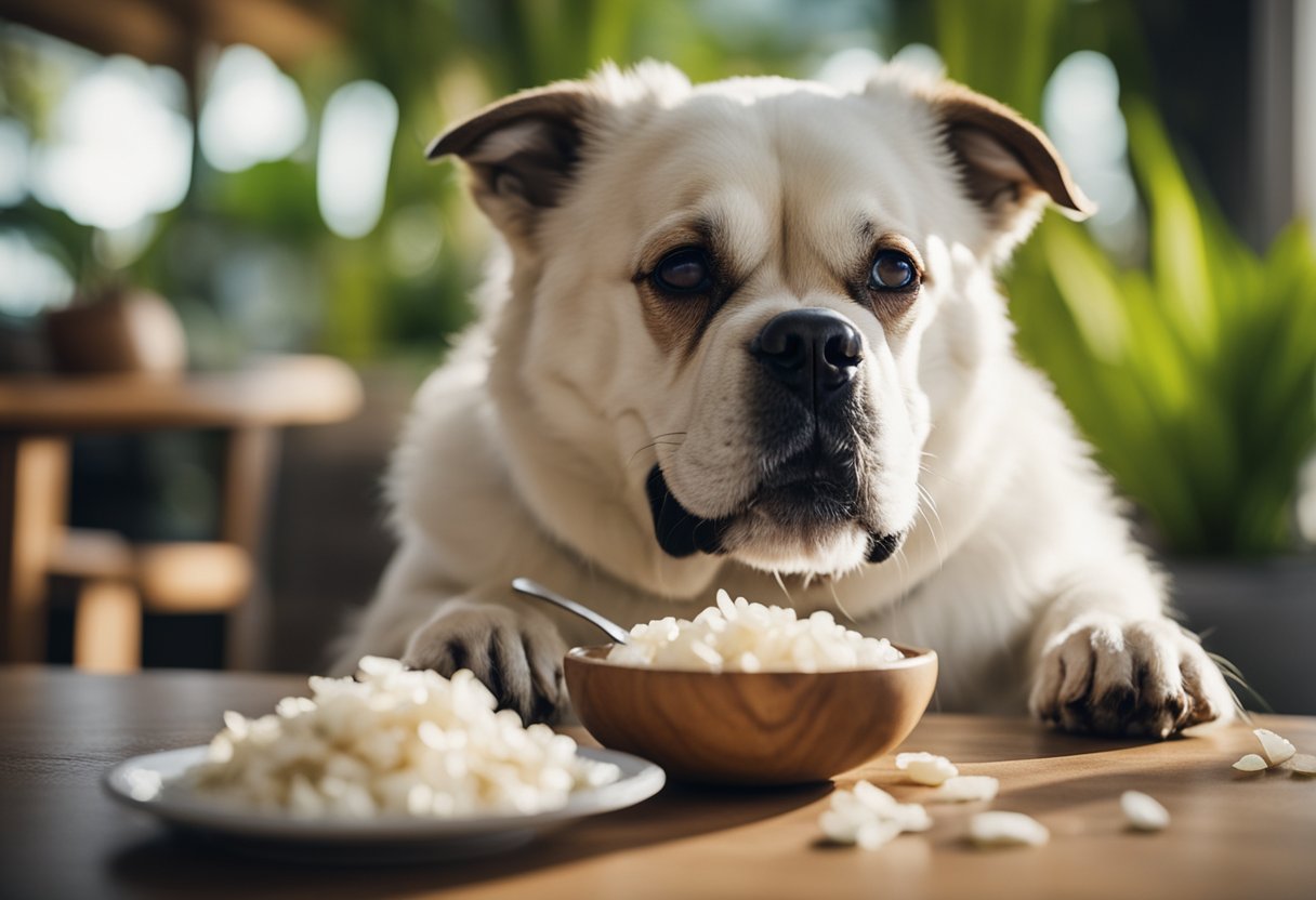 A happy dog eating coconut pieces from a bowl, with a veterinarian in the background nodding in approval