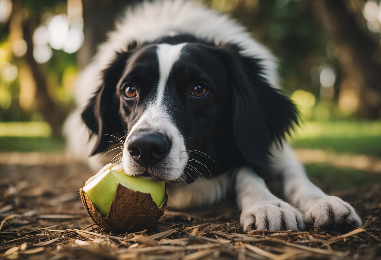 A dog sniffs at a coconut on the ground, while a concerned owner looks on